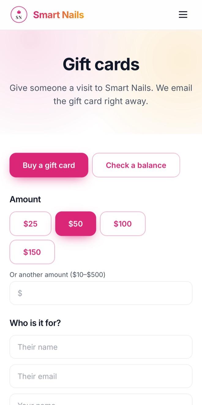 Trang bán gift card trên website của tiệm