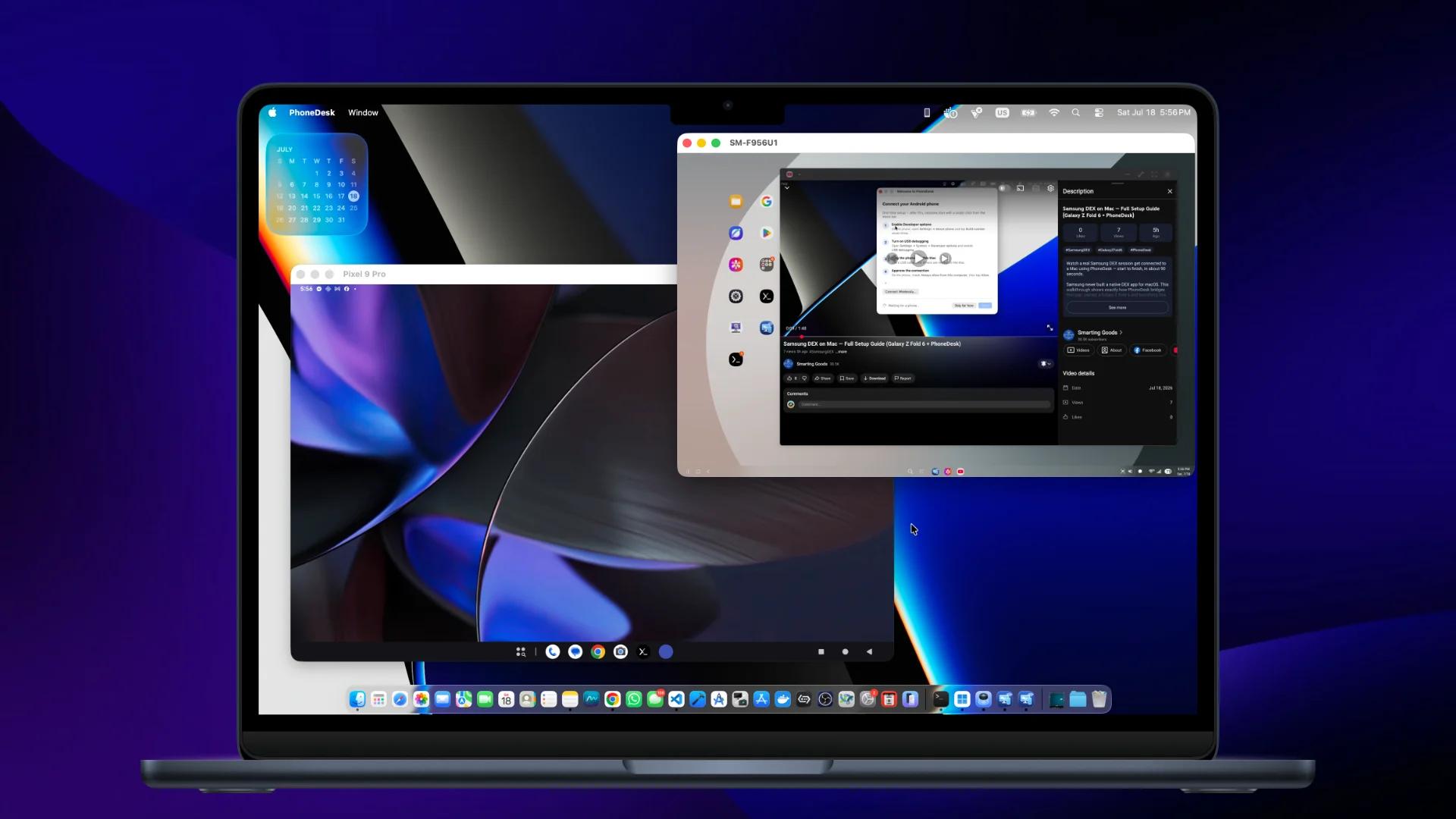 Samsung DEX running as a resizable window on macOS, next to the Pixel 9 Pro desktop mode window and the PhoneDesk menu bar icon