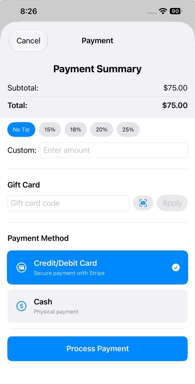 Màn hình tính tiền trong BeautyDesk, có tip, gift card, thẻ và tiền mặt