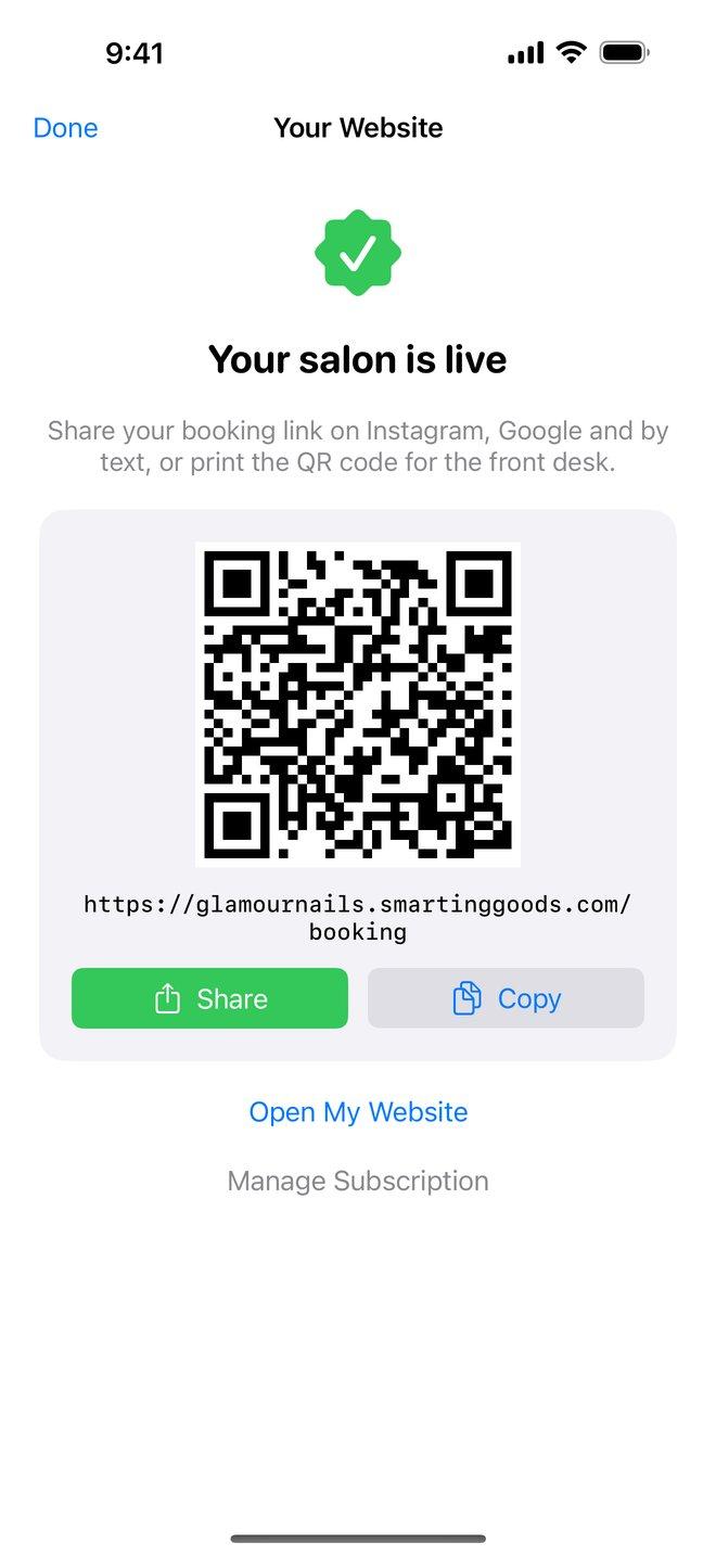 BeautyDesk showing a salon's live booking link and QR code