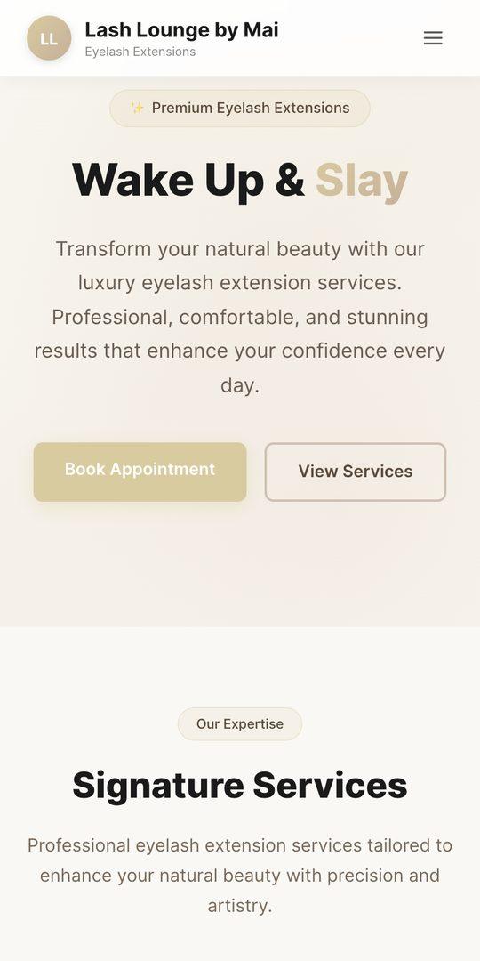 Eyelash Studio template, example salon site on a phone